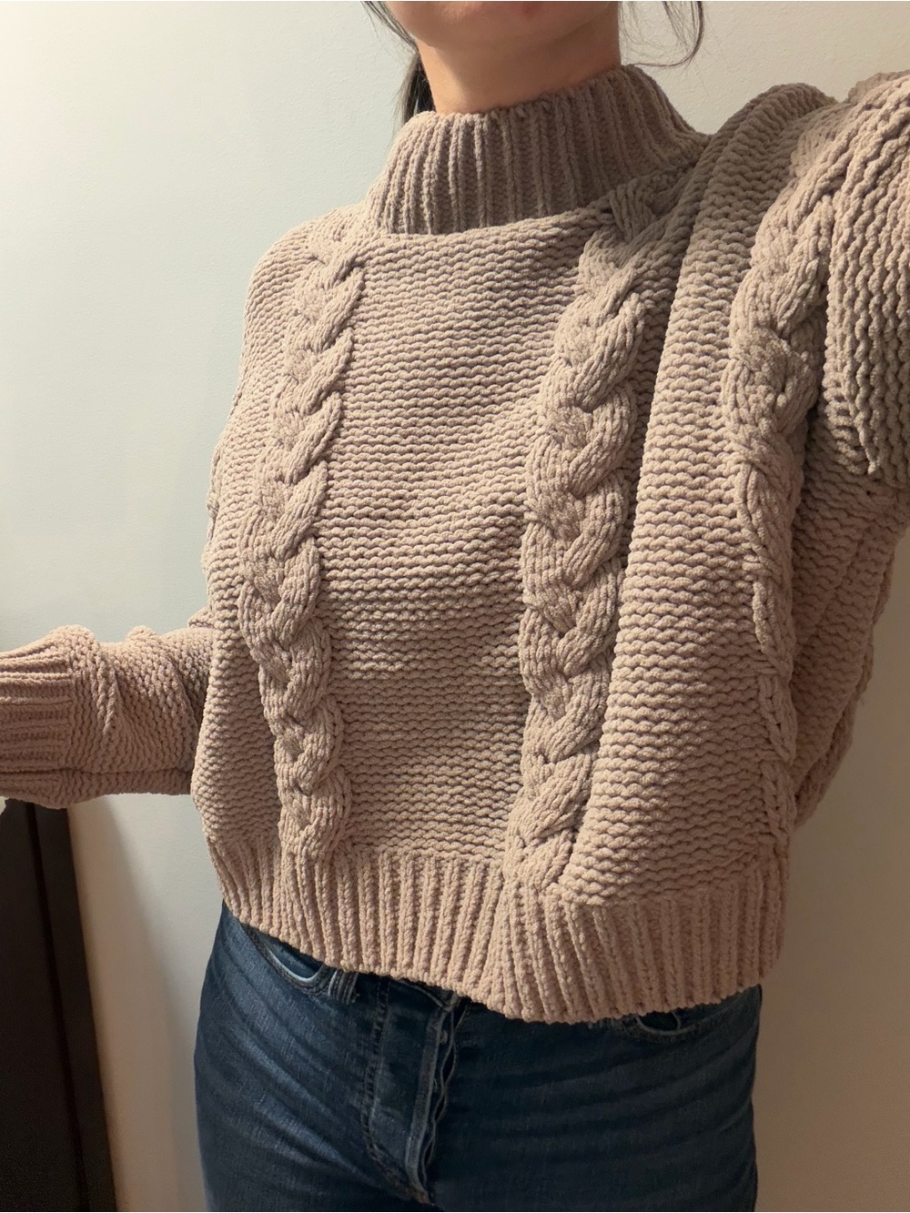 Cozy Cable Knit Mock Neck Sweater - Taupe